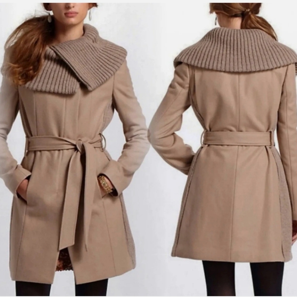 Anthropologie Elevenses Women's Judith Shawl Camel Wool Blend Belted Coat